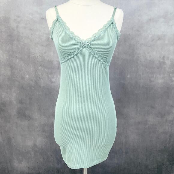 H&M Divided‎ Womens Babydoll Slip Dress S Ribbed Lace Trim Y2K Noughties Revival - Picture 1 of 6